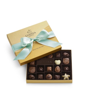 Assorted Chocolate Gold Gift Box, Aqua Ribbon, 18 pc.
