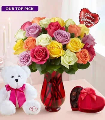 Assorted Roses with Red Vase, Balloon, Bear and Chocolate