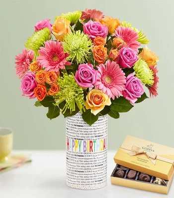 Birthday Flowers with Birthday Vase and Govida Chocolates