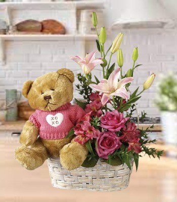 Happy Birthday Flower Basket With Teddy