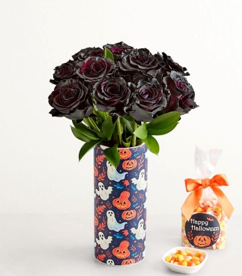 Black Roses in 'Boo Crew' Vase for Halloween