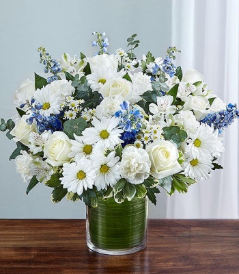 Blue & White Sympathy Arrangement in Cylinder Vase