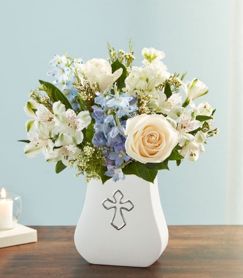 Blue & White Sympathy Flowers in Cross Vase