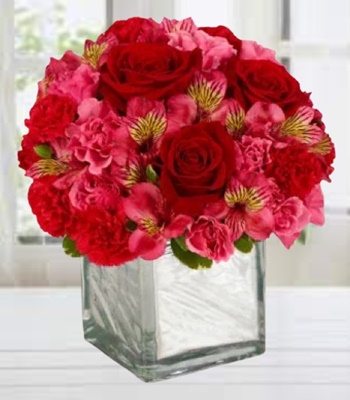 Rose and Carnation Arrangement in Modern Square Vase