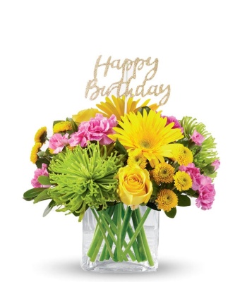 Cheerful Birthday Bouquet in Clear Cube Vase