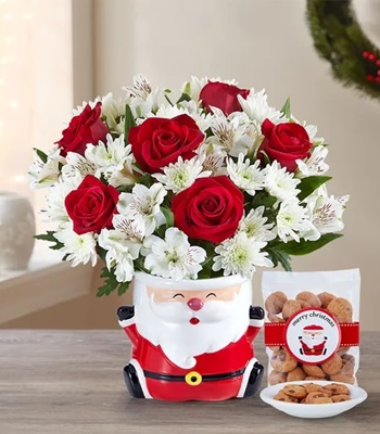 Christmas Roses, Lilies & Mums In Santa Cookie Jar & Cookies