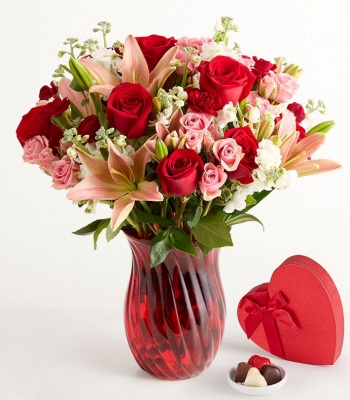 Classic Red & Pink Rose and Lily Bouquet with Chocolates