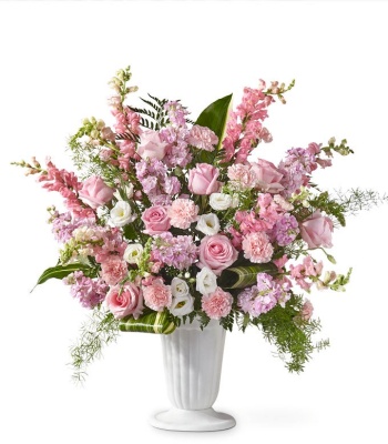 Condolence Pink & White Floral Arrangement in White Urn