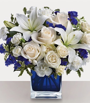 Rose and Lily Arrangement in Sapphire Blue Cube