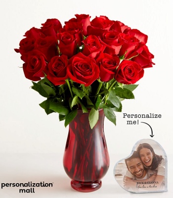 Custom Heart-Shaped Photo Keepsake with Valentine's Bouquet & Red Vase