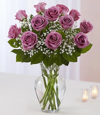 Lavender Rose Arrangement - Dozen Lavender Roses With Glass Vase