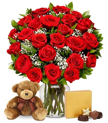 Two Dozen Long Stemmed Red Roses with Chocolates and Bear