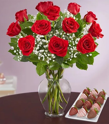 One Dozen Red Roses with Belgian Chocolate Covered Strawberries