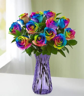 Dozen Rainbow Rose Bouquet With Purple Vase
