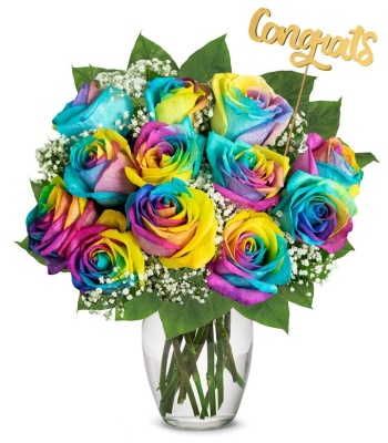 Dozen Rainbow Roses with Congrats Accent Pick