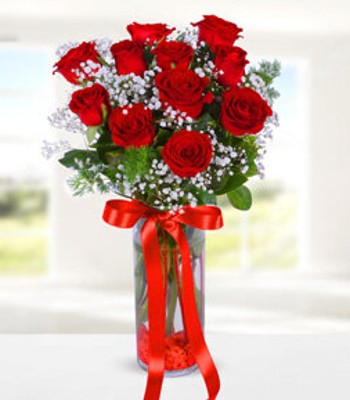 Red Roses - 12 Long Stem Red Roses With Cylindrical Vase