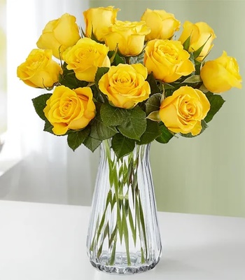 Yellow Rose Arrangement - 12 Yellow Roses With Clear Glass Vase