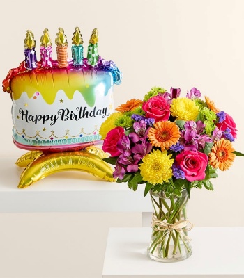 Fields of Europe' Birthday Bouquet with Cake Balloon