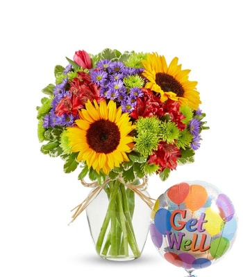 Get Well Sunflower & Tulip Mixed Flower Bouquet with Balloon