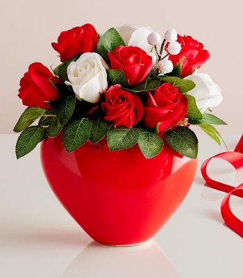 Handmade Soap Flowers In Red Ceramic Vase