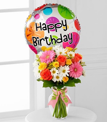 Happy Birthday Flowers with Birthday Balloon