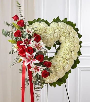 Heart Shape Standing Funeral Spray - Red Rose & Lily