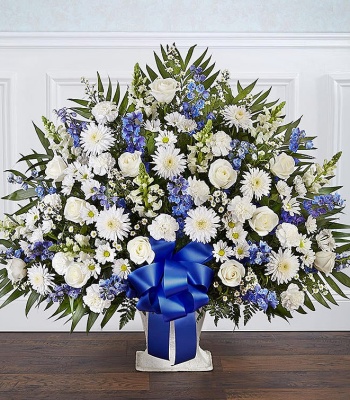 Heartfelt Tribute  Blue & White Floor Basket Arrangement