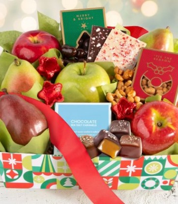 Holiday Fresh Fruit Gift Basket with Peppermint Bark & Caramels