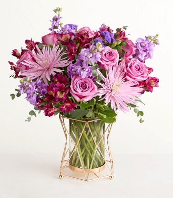 Lavender & Purple Bouquet in Glass & Metal Vase