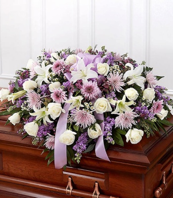 Lavender & White Half Casket Funeral Floral Arrangement