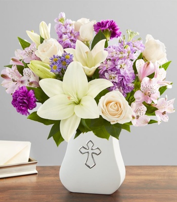 Lavender & White Sympathy Flowers in Cross Vase