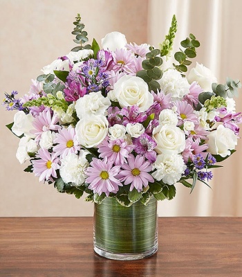 Lavender & White Sympathy Rose Arrangement in Cylinder Vas