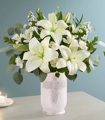 Sympathy Flower Bouquet Of White Lily With Cross Vase