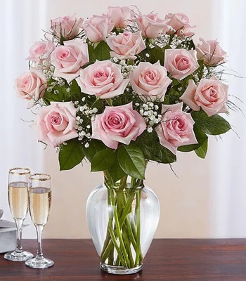 Pink Rose Arrangement - 18 Long Stem Pink Roses With Glass Vase