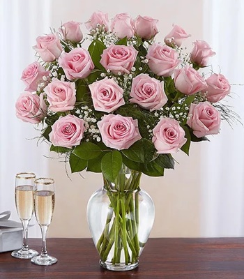 Pink Roses - 24 Long Stem Pink Rose Arrangement With Vase