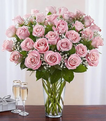 36 Long Stem Pink Roses With Glass Vase