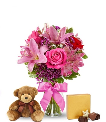 Love you Mom Flowers with Bear & Chocolate