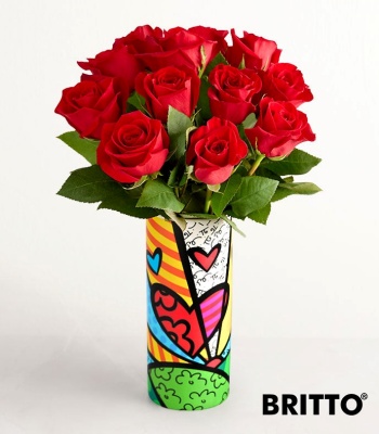 One Dozen Farm-Fresh Red Roses in Britto 'New Day' Art Vase