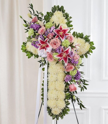 Pastel Funeral Cross Arrangement