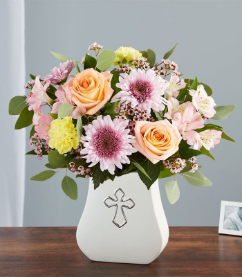 Pastel Sympathy Flowers in Cross Vase