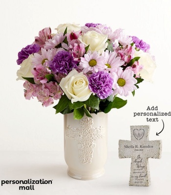 Personalized Sympathy Flower Bouquet with Ceramic Vase & Tabletop Cross
