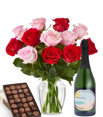 Pink & Red Roses, Sparkling Wine, and Gourmet Assorted Chocolate Box