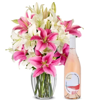 Pink & White Lilies With Rose Wine