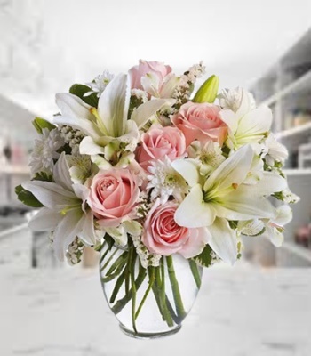Sympathy Flowers - White and Pink Roses and Lilies