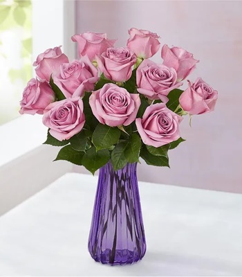 Purple Rose Arrangement - 12 Purple Roses in Purple Vase
