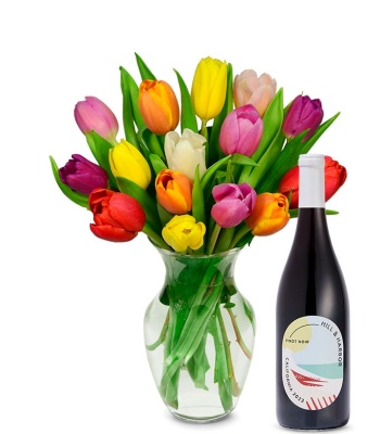Rainbow Tulip Bouquet With Red Wine