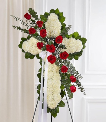 Red & White Funeral Cross Arrangement