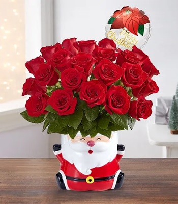 Red Christmas Roses With Santa Cookie Jar & Balloon