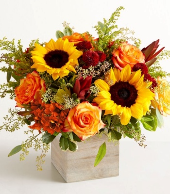 Red, Orange & Yellow Bouquet in Wooden Cube