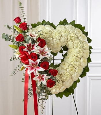 Red Rose & Lily Heart Tribute for Funerals